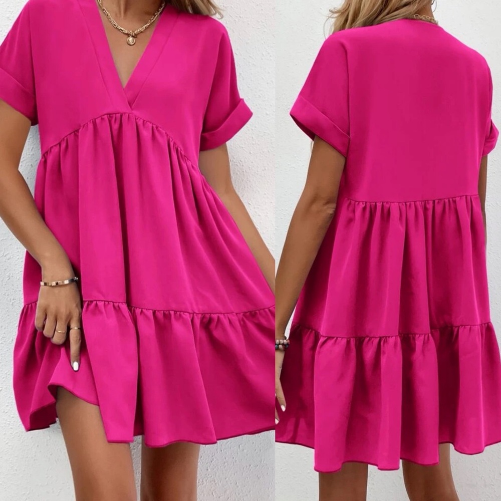 Boho tiered short sleeve v neck dress hot pink ruffle hem preppy - Picture 1 of 1